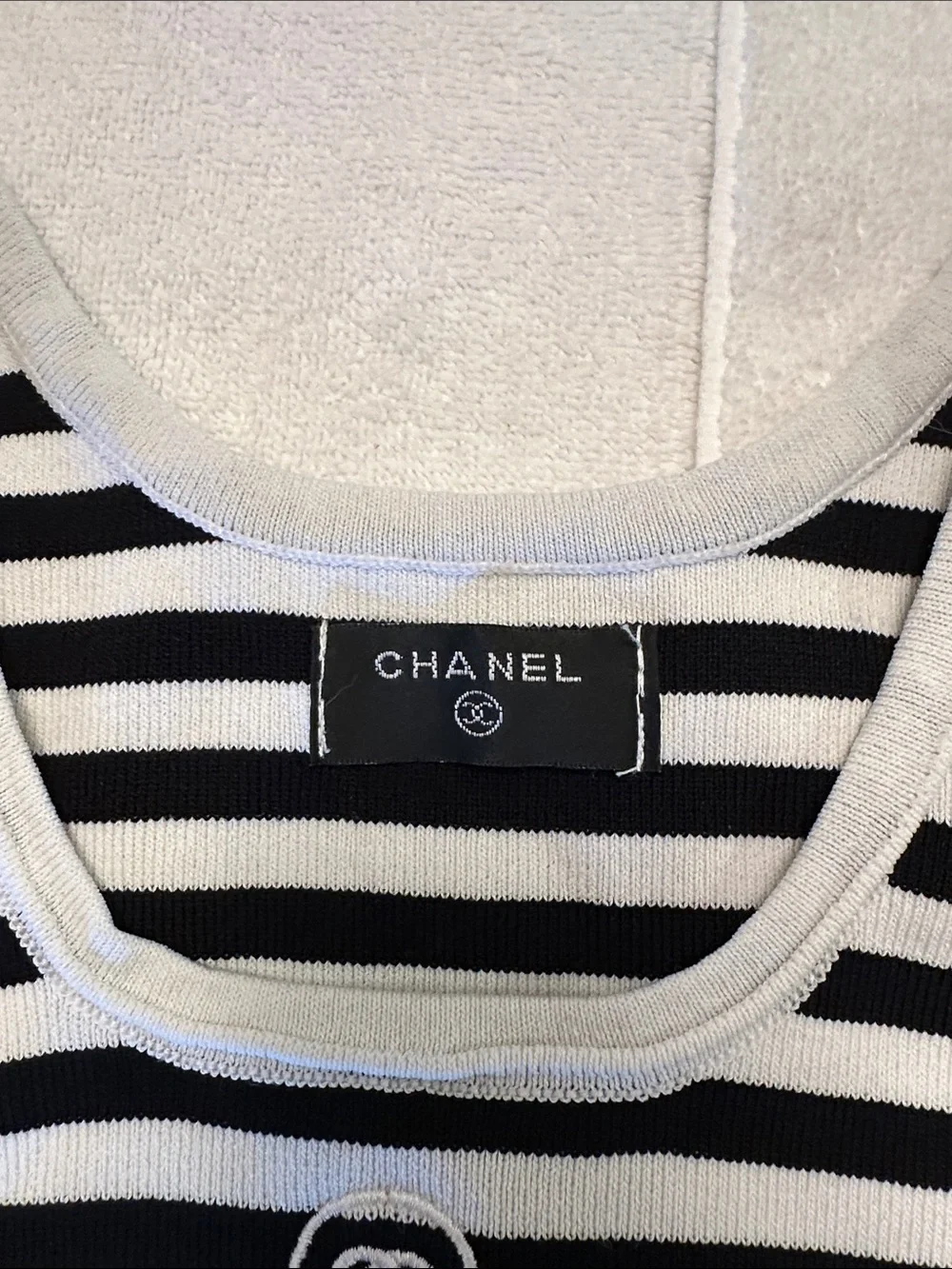 CHANEL Black and White Striped Cropped Knit Tank with Logo Hem